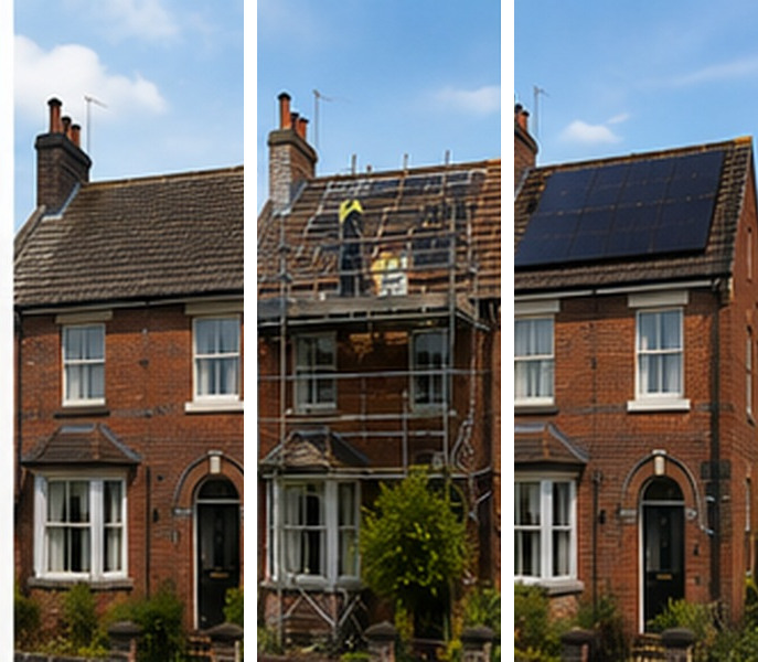 Illustrative example of a solar installation on a Wolverhampton home, before, during and after